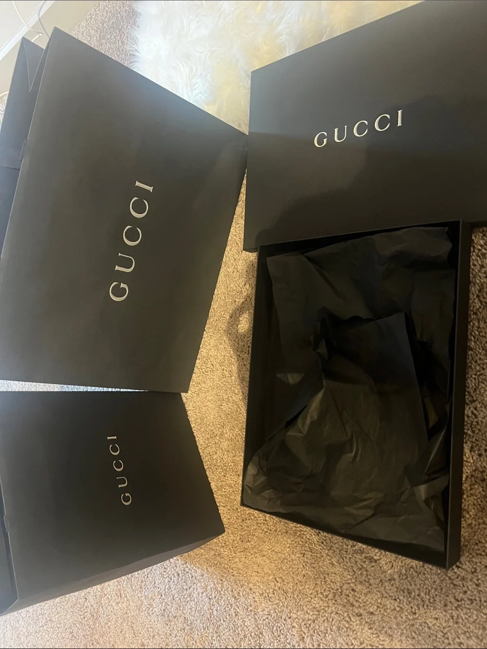 Gucci Black Branded Shopping Bags and Box